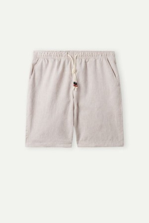Beige White Men's Intimissimi Linen and Cotton Shorts | AU1056LHT