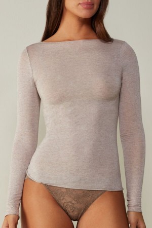 Beige Women's Intimissimi Boat Neck Modal Cashmere Ultralight Top Long Sleeve | AU2242ORX