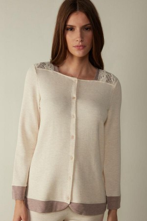 Beige Women's Intimissimi Classic Beauty Long Sleeve Button-Up Top Pajamas | AU1860JJE
