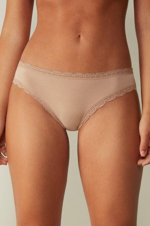 Beige Women's Intimissimi Cotton and Lace Panties | AU1607BCP