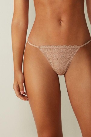 Beige Women's Intimissimi Lace String Thong Panties | AU1751SOB