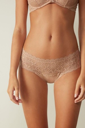 Beige Women's Intimissimi Lace and Cotton High Rise Panties | AU1627KIR