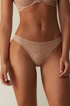 Beige Women's Intimissimi Lace and Microfiber Brazilian Panties | AU1518DNN