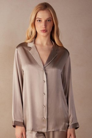 Beige Women's Intimissimi Mannish-Cut Jacket in Silk Satin Pajamas | AU2020XFU