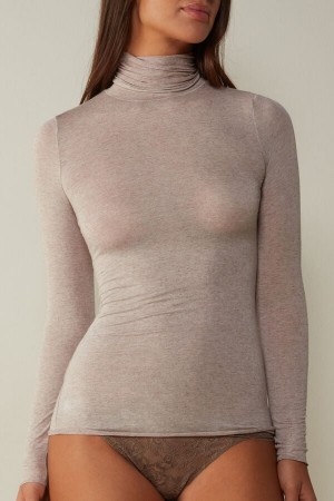Beige Women's Intimissimi Modal Cashmere Ultralight High-Neck Top Long Sleeve | AU2237RWH