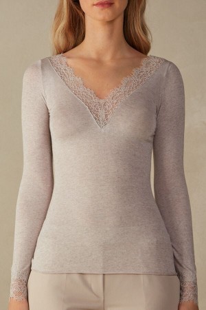 Beige Women's Intimissimi Modal Cashmere Ultralight Long Lace Shirt Long Sleeve | AU2212TVJ