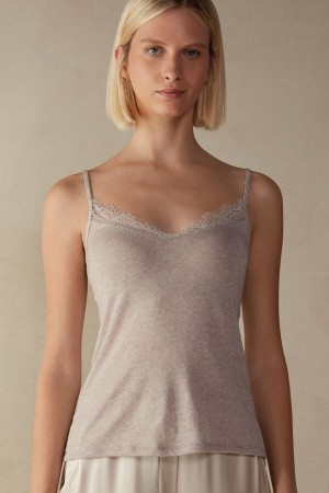 Beige Women's Intimissimi Modal Ultralight Cashmere Blend with Lace Tank Top | AU2312FMD