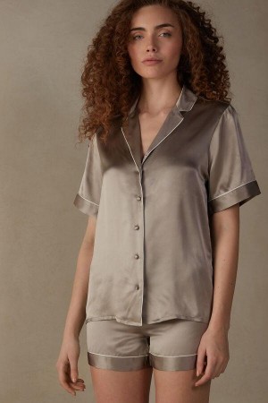 Beige Women's Intimissimi Short Sleeve Silk Shirt with Contrast Trim Pajamas | AU1916XFU