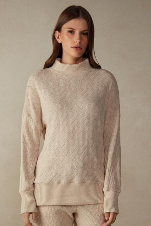 Beige Women's Intimissimi Winter Braid Long Sleeve Jacquard Top Pajamas | AU1877ISZ
