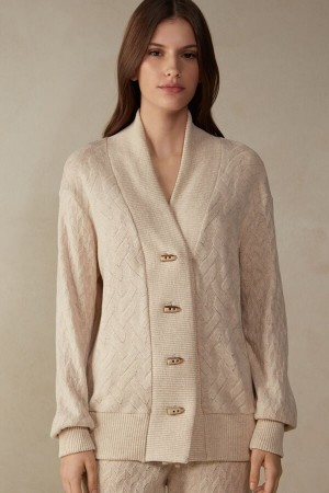 Beige Women's Intimissimi Winter Braid Long Sleeve Jacquard Cardigan Jacket | AU2260QZD