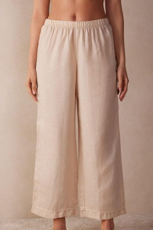 Beige Women's Intimissimi Yacht Night Linen Pants Pajamas | AU2014GLQ