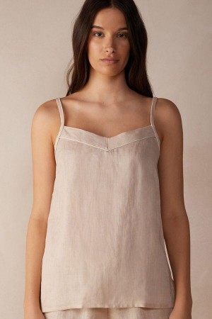 Beige Women's Intimissimi Yacht Night Linen Top Pajamas | AU1953YUK