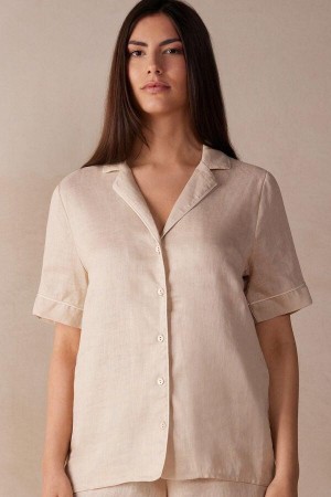 Beige Women's Intimissimi Yacht Night Linen Short Sleeve Shirt Pajamas | AU1949WYF