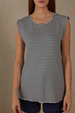 Beige / Blue Women's Intimissimi My Comfort Zone Sleeveless Top in Perforated Cotton Pajamas | AU1917CEI