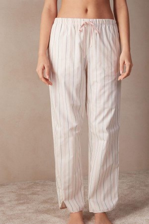 Beige / Pink Stripes Women's Intimissimi Soft Spring Full Length Cotton Cloth Pants Pajamas | AU2008ORX