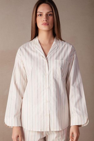 Beige / Pink Stripes Women's Intimissimi Soft Spring Long Sleeve Button-Up Shirt Pajamas | AU1905PQC