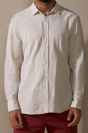 Beige / White Men's Intimissimi Linen and Cotton Shirt Long Sleeve | AU1086VDO