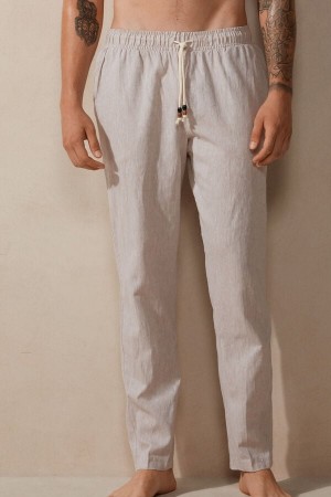 Beige / White Men's Intimissimi Linen and Cotton Full Length Pants | AU1069YUK