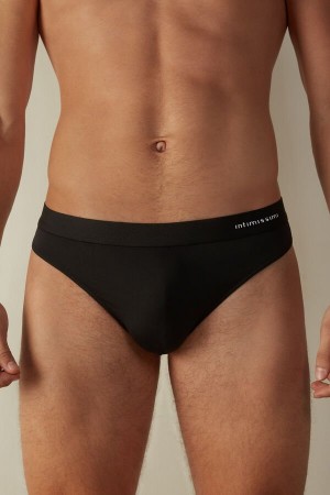 Black Men's Intimissimi Logo Detailed Microfiber Thong Briefs | AU1364GLQ