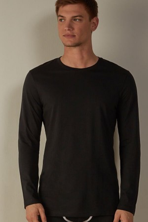 Black Men's Intimissimi Long-Sleeve Supima® Cotton Top Pajamas | AU1139BCP