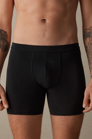 Black Men's Intimissimi Long in Stretch Supima® Cotton Boxer | AU1408UTL