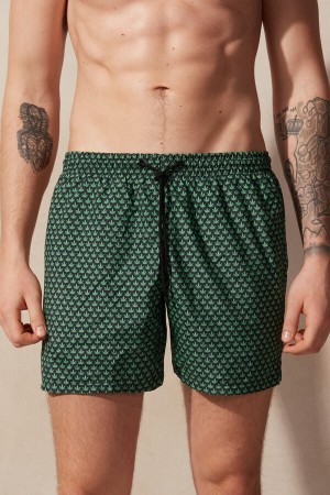 Black Men's Intimissimi Micro Leaf Print Swim Trunks | AU1276TVJ