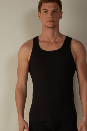 Black Men's Intimissimi Ribbed Supima Cotton Tank Top | AU1003KIR
