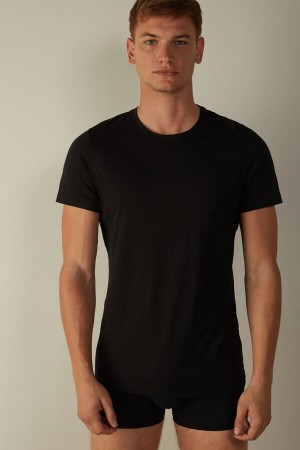 Black Men's Intimissimi Short-Sleeve Crew-Neck T-Shirt in Extra-Fine Supima® Cotton Pajamas | AU1149ISZ