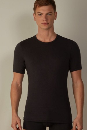 Black Men's Intimissimi Short-Sleeve Modal-Cashmere T Shirts | AU1039WYF