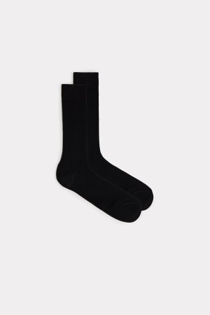 Black Men's Intimissimi Short Ribbed Egyptian Cotton Socks | AU1230APV