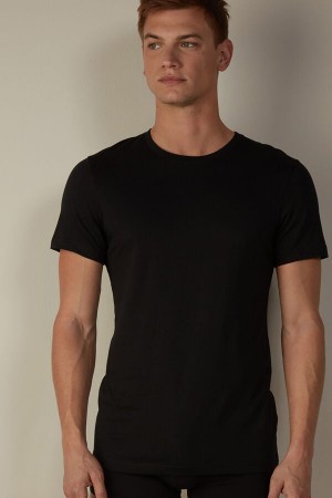 Black Men's Intimissimi Short Sleeve Crew Neck T Shirt in Supima® Cotton Pajamas | AU1145RWH