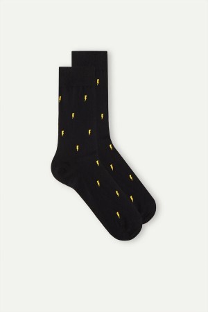 Black Men's Intimissimi Short in Patterned Cotton Socks | AU1192NBA