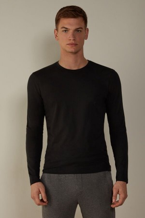 Black Men's Intimissimi Stretch Supima Cotton Top Long Sleeve | AU1113BCP