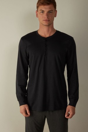 Black Men's Intimissimi Supima Interlock Long-Sleeve Top Pajamas | AU1142QZD