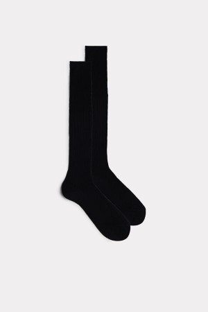 Black Men's Intimissimi Tall Ribbed Egyptian Cotton Socks | AU1274EXG