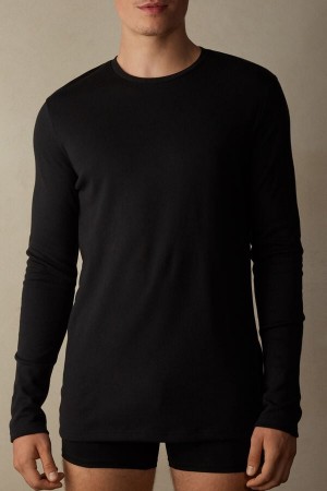 Black Men's Intimissimi Top in Warm Cotton Long Sleeve | AU1081KIR