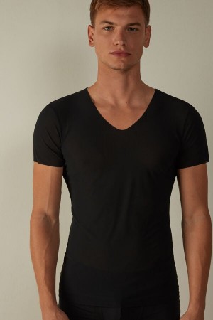 Black Men's Intimissimi seamless Micromesh T Shirts | AU1052GLQ