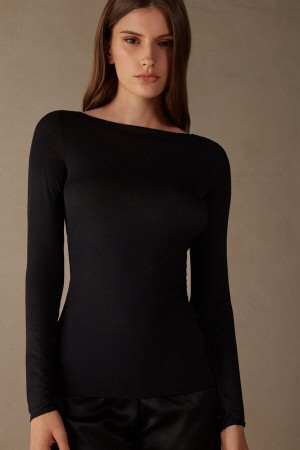 Black Women's Intimissimi Boat Neck Modal Cashmere Ultralight Top Long Sleeve | AU2243PQC
