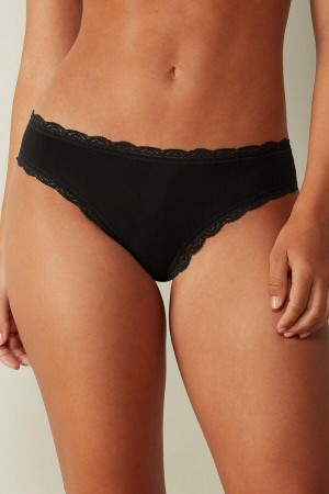 Black Women's Intimissimi Cotton and Lace Panties | AU1629ZGY