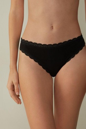 Black Women's Intimissimi Cotton and Lace Brazilian Panties | AU1521HKW
