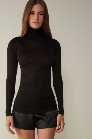 Black Women's Intimissimi High-Neck Tubular Top in Wool and Silk Long Sleeve | AU2241ISZ
