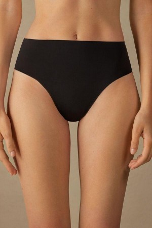 Black Women's Intimissimi High Waist Thong in Seamless Ultralight Microfiber Panties | AU1758LHT