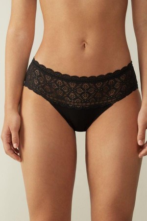 Black Women's Intimissimi Lace and Cotton High Rise Panties | AU1608NBA