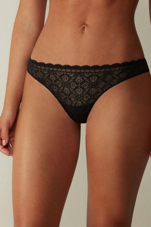 Black Women's Intimissimi Lace and Microfiber Brazilian Panties | AU1513ISZ