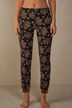 Black Women's Intimissimi Lady Animalier Modal Cuffed Pants Pajamas | AU1983PQC