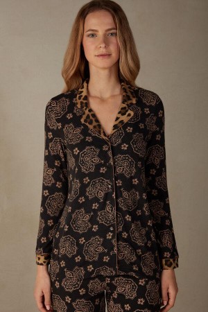 Black Women's Intimissimi Lady Animalier Modal Shirt Pajamas | AU1885HKW