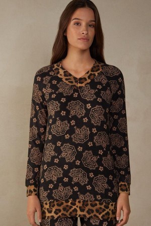 Black Women's Intimissimi Lady Animalier Long Sleeve Modal Top Pajamas | AU1883FMM
