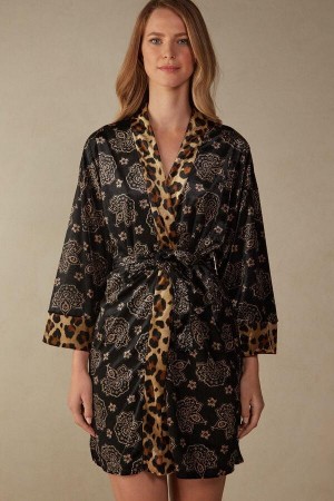 Black Women's Intimissimi Lady Animalier Velvet Kimono Pajamas | AU1834JJE