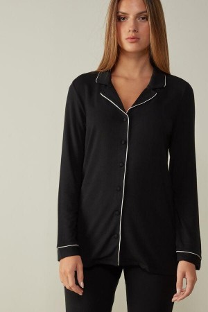 Black Women's Intimissimi Long-Sleeve Micromodal Top Pajamas | AU1852ORX