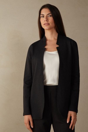 Black Women's Intimissimi Long-Sleeved Cotton Interlock Cardigan Jacket | AU2262EXG